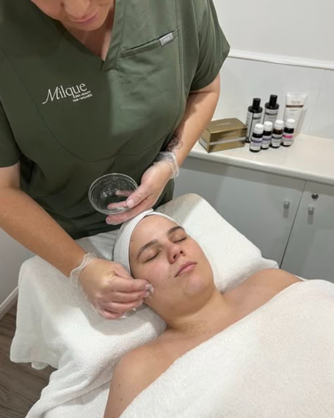 Milque Spa clinical skin therapist performing treatment, Capalaba